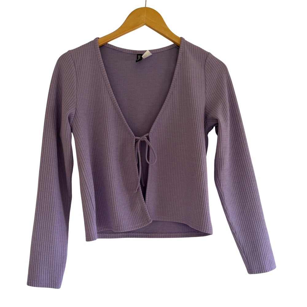 H&M Divided Lavender Purple‎ Ribbed Tie Front Cropped Cardigan Top Womens Medium